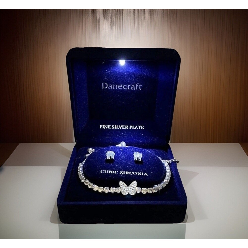 Silver Cubic Zirconia Butterfly Bracelet & Earring Lighted Box